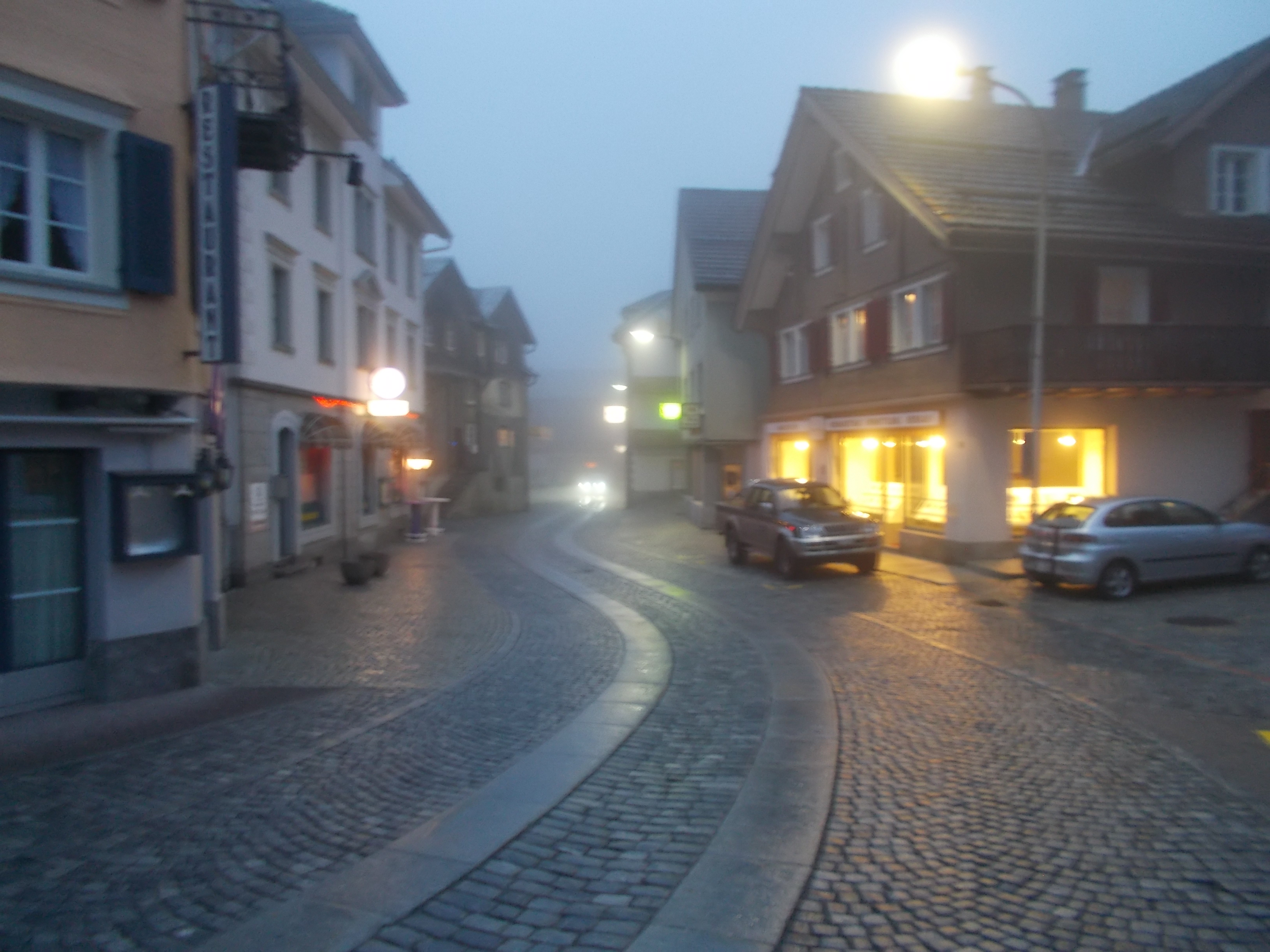 A misty evening in Andermatt, Switzerland on May 3, 2014
