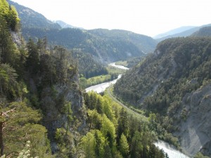 Wide shot of the scenic Ruinaulta gorge in Switzerland. Rhine river far below.