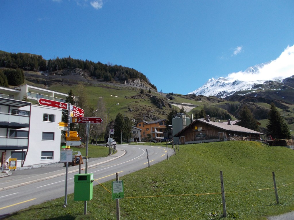 Scenic shot of the Oberalp pass road as it leaves Andermatt.