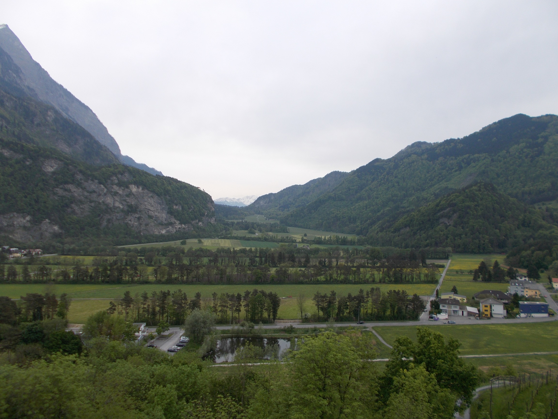 A wide angle shot of a treed valley with sparse houses in the foreground. Photo take from the top of the large hill that Schloss Gutenberg is on.
