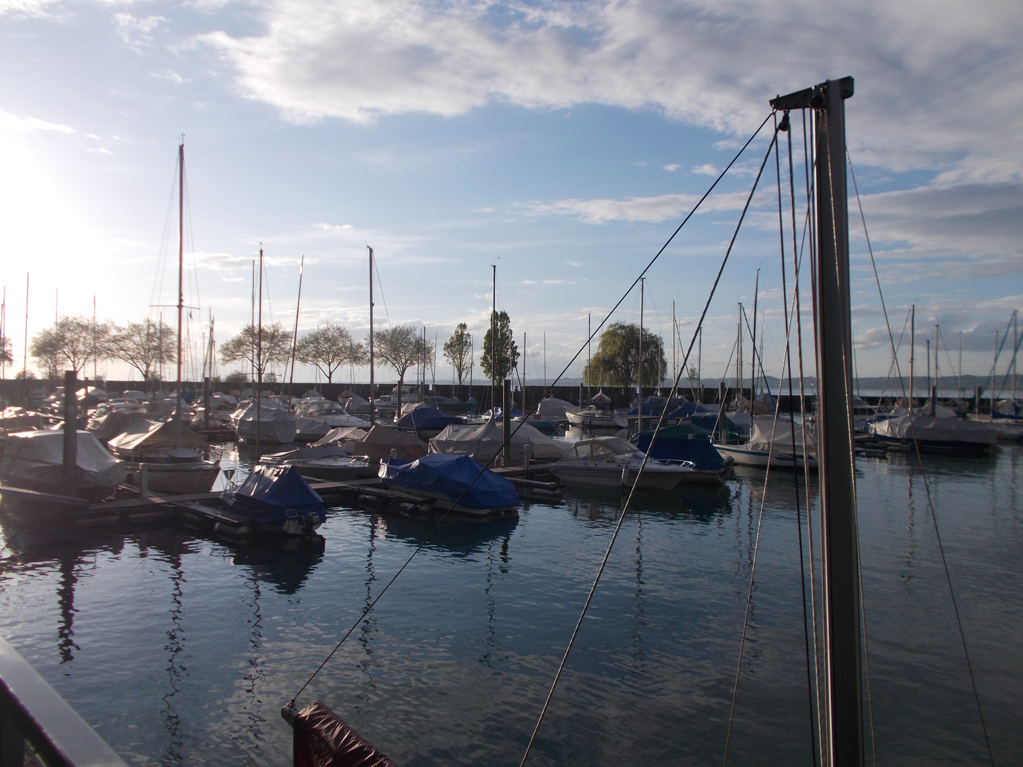 Boats in a small harbour with Lake Constance visible in the background.