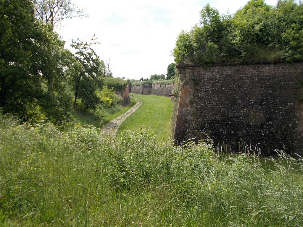 Large brick fortification walls with a grass filled ditch between them. Deep grass in the foreground. Taken in Neuf-Brisach, France.